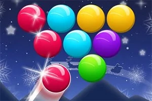 Bolas de colores brillantes alineadas sobre un fondo nocturno estrellado con un cañón apuntando