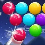 Bolas de colores brillantes alineadas sobre un fondo nocturno estrellado con un cañón apuntando