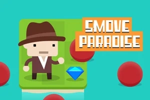 Personaje pixelado con sombrero y traje en un escenario verde, rodeado de bolas rojas y un diamante azul, junto al texto Smove Paradise