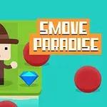 Personaje pixelado con sombrero y traje en un escenario verde, rodeado de bolas rojas y un diamante azul, junto al texto Smove Paradise
