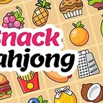 Frutas y snacks dibujados en una cuadrícula con las palabras Snack Mahjong en el centro