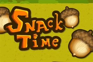 Texto Snack Time en letras anaranjadas rodeado de bellotas sobre un fondo verde