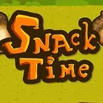 Texto Snack Time en letras anaranjadas rodeado de bellotas sobre un fondo verde