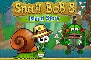 Caracol verde con sombrero explorador frente a un monstruo verde sosteniendo una lanza, con un fondo de jungla y el título Snail Bob 8 Island Story