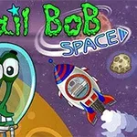 Caracol verde con casco espacial sosteniendo una estrella, con un cohete y asteroides en el fondo
