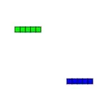 Dos líneas rectangulares de bloques verdes y azules con un cuadrado rojo en un fondo blanco