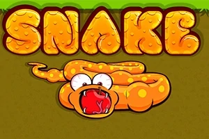 Serpiente caricaturesca de color naranja con ojos saltones y boca abierta debajo de letras grandes y amarillas