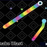 Serpientes multicolores sobre un fondo negro con patrones geométricos y puntos de colores dispersos