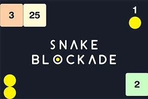 Texto centralizado Snake Blockade rodeado de bloques numerados y círculos amarillos sobre un fondo oscuro