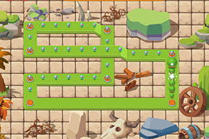 Tablero de juego tipo laberinto con piezas verdes y obstáculos, rodeado de elementos decorativos como rocas y huesos