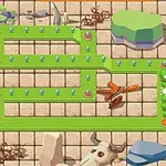 Tablero de juego tipo laberinto con piezas verdes y obstáculos, rodeado de elementos decorativos como rocas y huesos