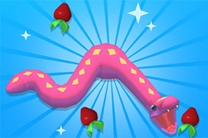 Serpiente rosada con patrones de diamantes amarillos rodeada de fresas sobre un fondo azul con destellos blancos