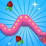 Serpiente rosada con patrones de diamantes amarillos rodeada de fresas sobre un fondo azul con destellos blancos