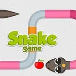 Serpiente multicolor en forma de curva con su cabeza mirando una manzana roja y texto en el centro