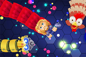 Personajes caricaturescos, incluyendo una figura rubia con martillo y una gallina, sobre un fondo hexagonal con luces brillantes