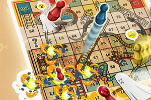 Tablero de juego con piezas de colores, fantasmas, escaleras y áreas en llamas