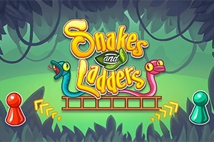 Dos serpientes coloridas rodean un texto en un entorno selvático con fichas de juego rojo y verde