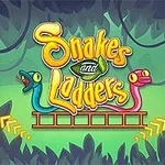 Dos serpientes coloridas rodean un texto en un entorno selvático con fichas de juego rojo y verde