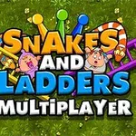 Texto colorido que dice Snakes and Ladders Multiplayer con dibujos de dos personajes animados entre serpientes y escaleras sobre un fondo verde con flores
