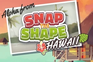 Postal colorida con texto sobre un fondo de playa, palmeras y cabañas, acompañada de la frase Aloha from Snap the Shape Hawaii