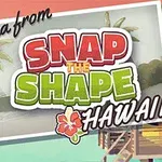 Postal colorida con texto sobre un fondo de playa, palmeras y cabañas, acompañada de la frase Aloha from Snap the Shape Hawaii