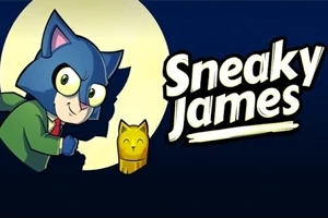 Gato animado con traje verde sosteniendo un trofeo dorado delante de un círculo claro, junto a texto que dice Sneaky James