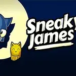Gato animado con traje verde sosteniendo un trofeo dorado delante de un círculo claro, junto a texto que dice Sneaky James