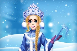 Mujer vestida de azul con una corona invernal y cabello trenzado, sosteniendo un cetro en un paisaje nevado