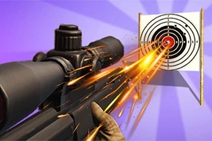 Rifle de francotirador disparando hacia un blanco con chispas y destellos en fondo morado