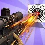 Rifle de francotirador disparando hacia un blanco con chispas y destellos en fondo morado