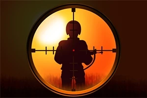 Silueta de un soldado en la mira de un visor con un fondo de atardecer anaranjado