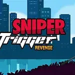 Silueta de un personaje oscuro con visor rojo sosteniendo un rifle frente a un fondo de rascacielos al atardecer