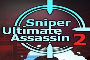 Texto Sniper Ultimate Assassin 2 con un diseño de mirilla azul sobre un fondo oscuro con detalles en rojo y blanco