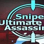 Texto Sniper Ultimate Assassin 2 con un diseño de mirilla azul sobre un fondo oscuro con detalles en rojo y blanco