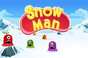 Dibujos de monstruos de colores en un paisaje nevado bajo un cielo azul, con el texto Snow Man en el centro