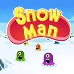 Dibujos de monstruos de colores en un paisaje nevado bajo un cielo azul, con el texto Snow Man en el centro