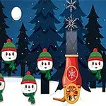 Muñecos de nieve con gorros y bufandas verdes rodean un cañón rojo en un bosque nevado con árboles oscuros y un cielo nocturno estrellado
