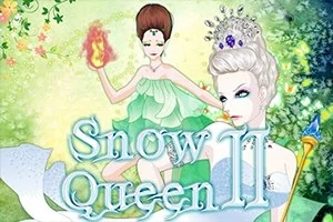 Dos figuras femeninas estilizadas en un fondo colorido, una con vestido verde y fuego en la mano, y otra con un vestido blanco y corona, junto al texto Snow Queen II