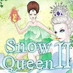 Dos figuras femeninas estilizadas en un fondo colorido, una con vestido verde y fuego en la mano, y otra con un vestido blanco y corona, junto al texto Snow Queen II