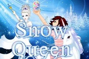 Una reina de hielo y otro personaje sostienen cristales en un paisaje nevado con un castillo de fondo y un caballo blanco