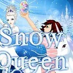 Una reina de hielo y otro personaje sostienen cristales en un paisaje nevado con un castillo de fondo y un caballo blanco
