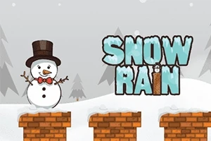 Muñeco de nieve con sombrero de copa sobre ladrillos, fondo nevado y texto SNOW RAIN