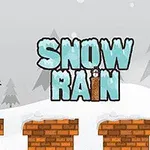 Muñeco de nieve con sombrero de copa sobre ladrillos, fondo nevado y texto SNOW RAIN