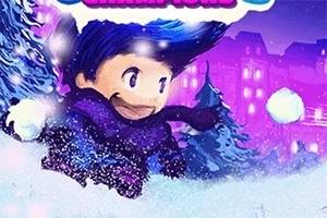 Personaje animado con cabello azul corriendo a través de un paisaje nevado con árboles y edificios iluminados en el fondo