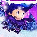 Personaje animado con cabello azul corriendo a través de un paisaje nevado con árboles y edificios iluminados en el fondo