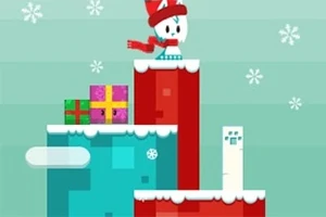 Un personaje vestido de invierno sobre plataformas con nieve y regalos al fondo