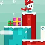 Un personaje vestido de invierno sobre plataformas con nieve y regalos al fondo