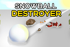 Una gran bola de nieve rodando por una pendiente junto a objetos y una figura disfrazada de Santa Claus en el suelo, con texto en la parte superior
