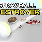 Una gran bola de nieve rodando por una pendiente junto a objetos y una figura disfrazada de Santa Claus en el suelo, con texto en la parte superior
