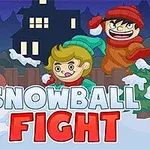 Ilustración de un muñeco de nieve y dos niños jugando con bolas de nieve en un paisaje invernal, con letras grandes que dicen Snowball Fight